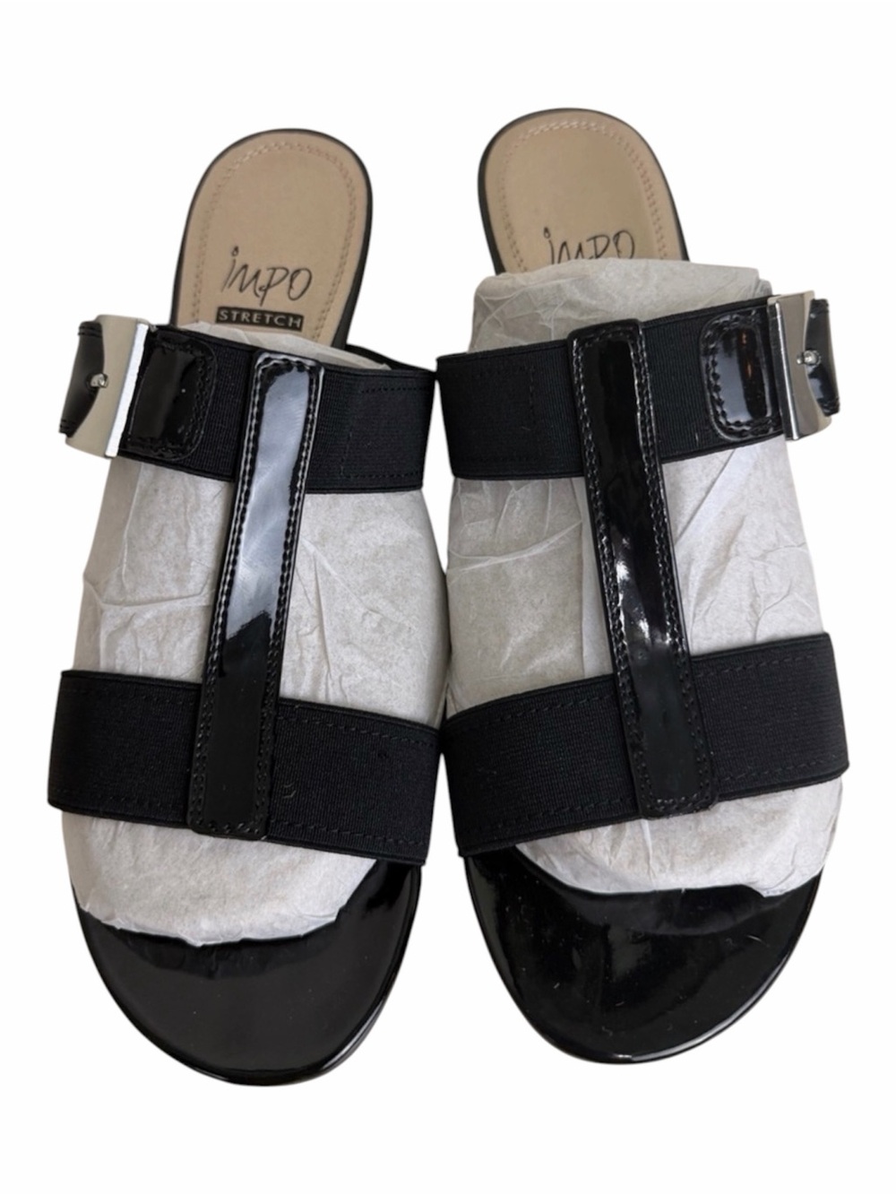 Impo Black Patent Slide Sandals with Silver Buckle